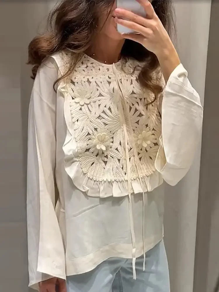 Chic Flared Sleeves O Neck Loose Lace Up Shirt Mini Skirts Elegant Floral Embroidered Skirt Set for Women Summer Lady 2 Pcs Suit