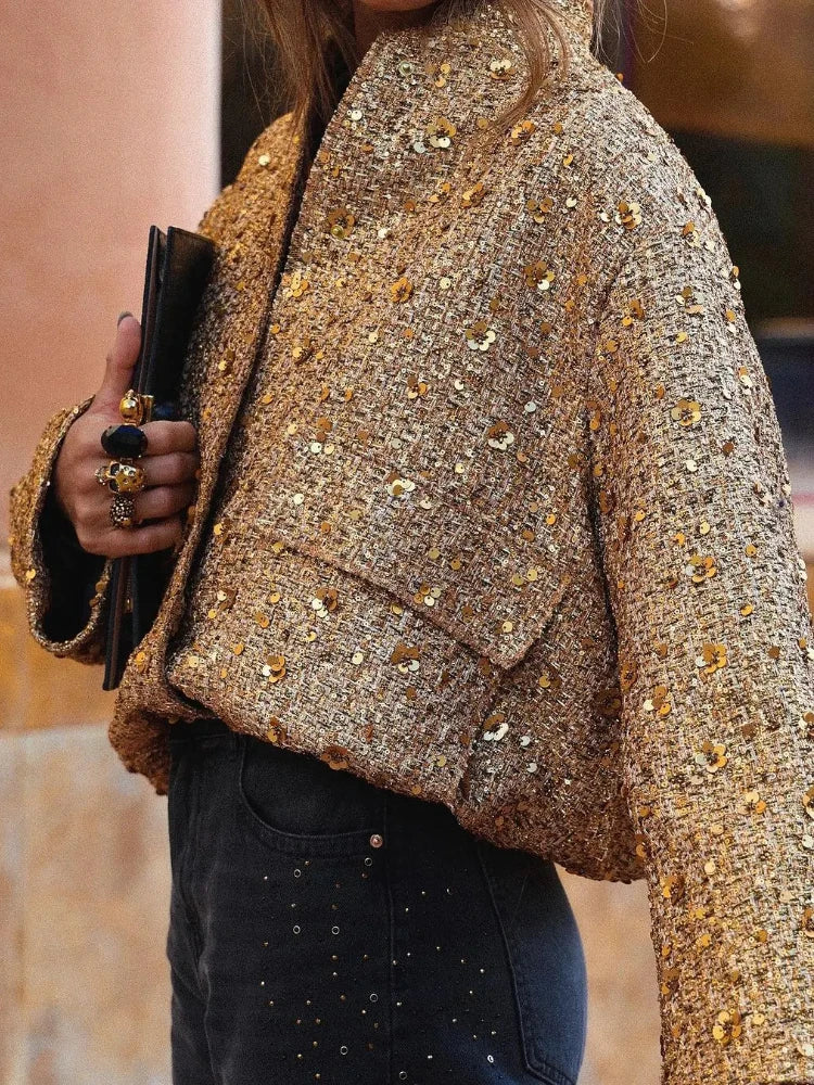 Women's Sequined Bomber Jacket Fall New Round Neck Long Sleeve Pocket Stretch Hem Sequins Jacket Coat Female Chic Outerwear