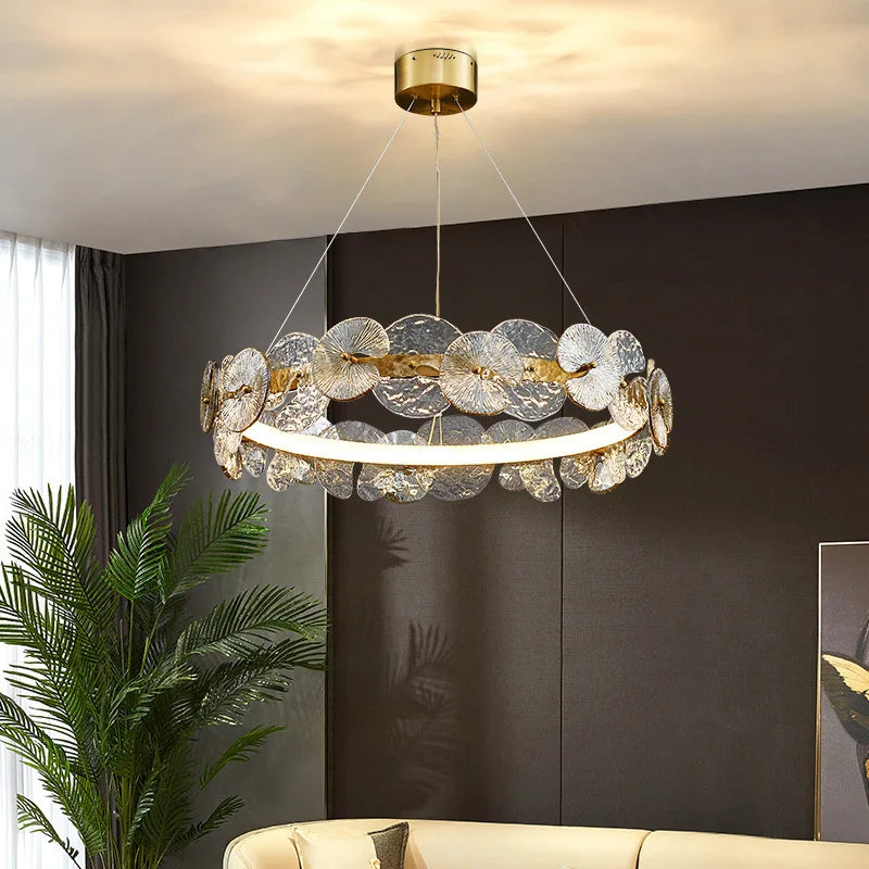 Barclay Chandelier Indoor Lotus Leaf Glass lamp Living Dining Room Bedroom Decoration art copper Lamps ring Suspension Lustre