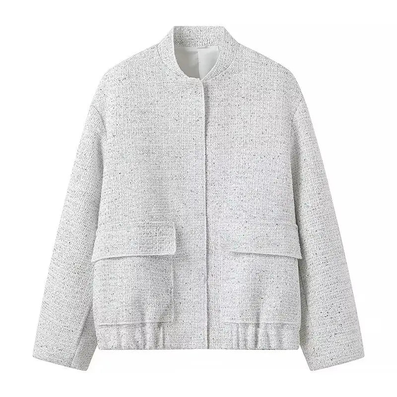 Women's Sequined Bomber Jacket Fall New Round Neck Long Sleeve Pocket Stretch Hem Sequins Jacket Coat Female Chic Outerwear