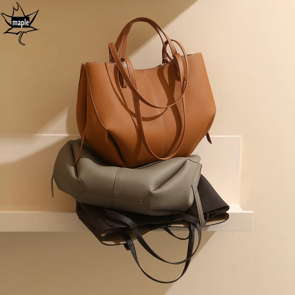 New Brand Designer Huge Capacity Travel Trapeze Tote Grey Caramel Color Full Grain Cow Leather Women Handbag with Wallet