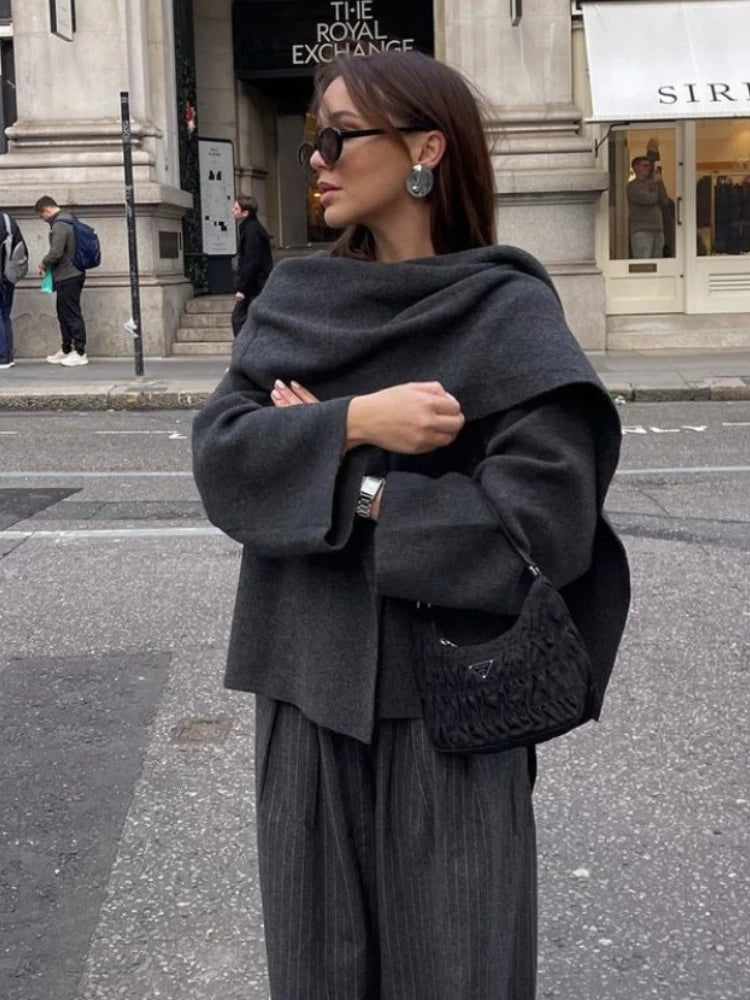 Women Loose Asymmetric Scarf Knit Jacket Solid Long Sleeve Single Button Side Slit Cardigan Fall Winter New Lady Outerwear