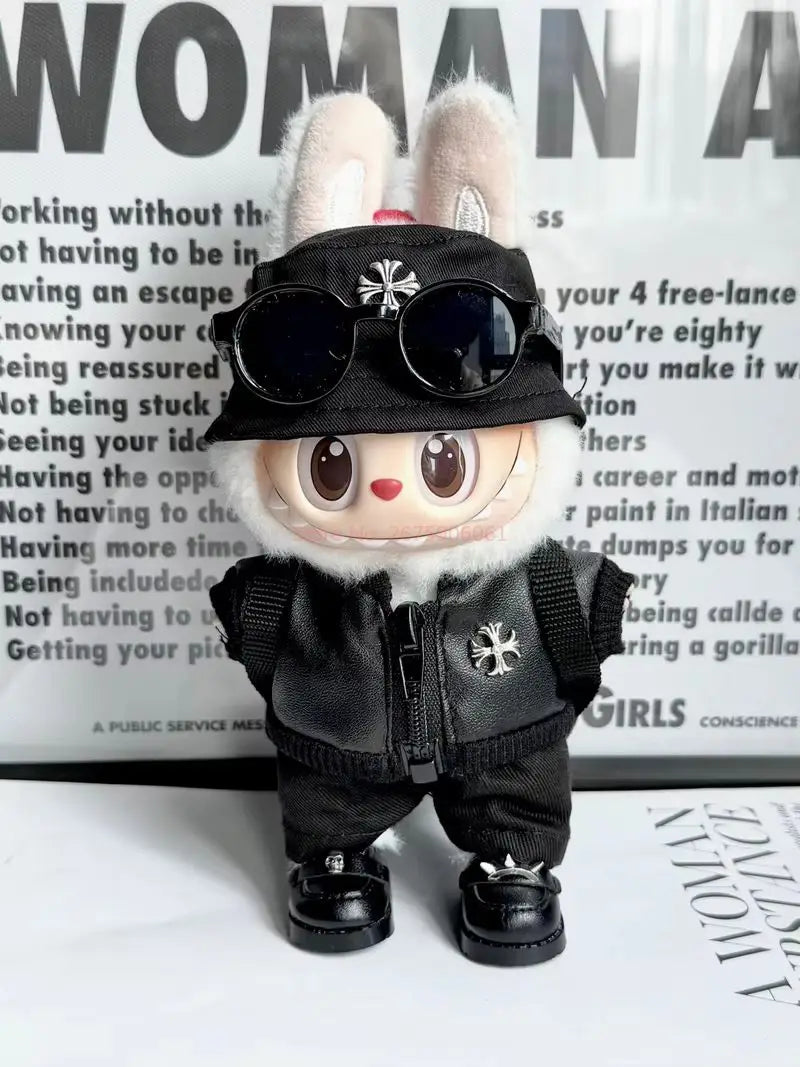 Labubu Fashion Leather 5/6pcs Suit For 17cm V1 V3 Labubuwa Clothes Handsome Trend Boy Doll Clothes Full Set