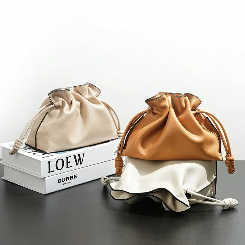 Autumn/Winter Flamenco Fashionable Classic Frogmouth Cloud Bag Genuine Cow Leather Drawstring Single Shoulder Slant Cross Small