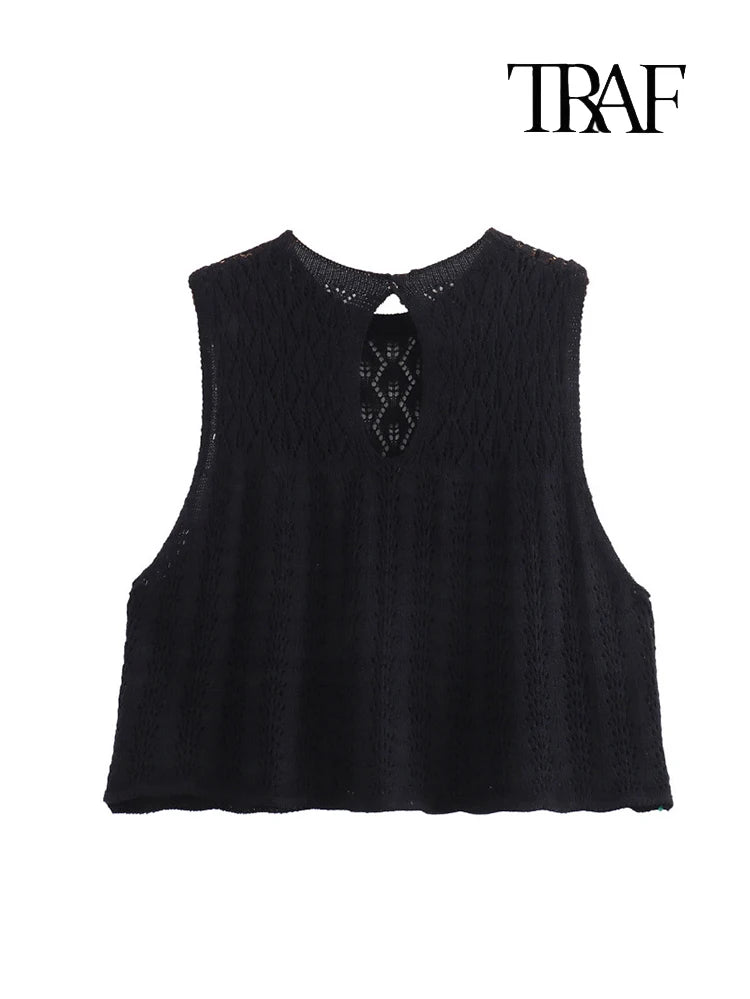 Women's Fashion Jacquard Sleeveless Top Shorts Set Elegant Skeleton Knit Top Mini Skirt Set Lace Top Pleated Mini Skirt Set