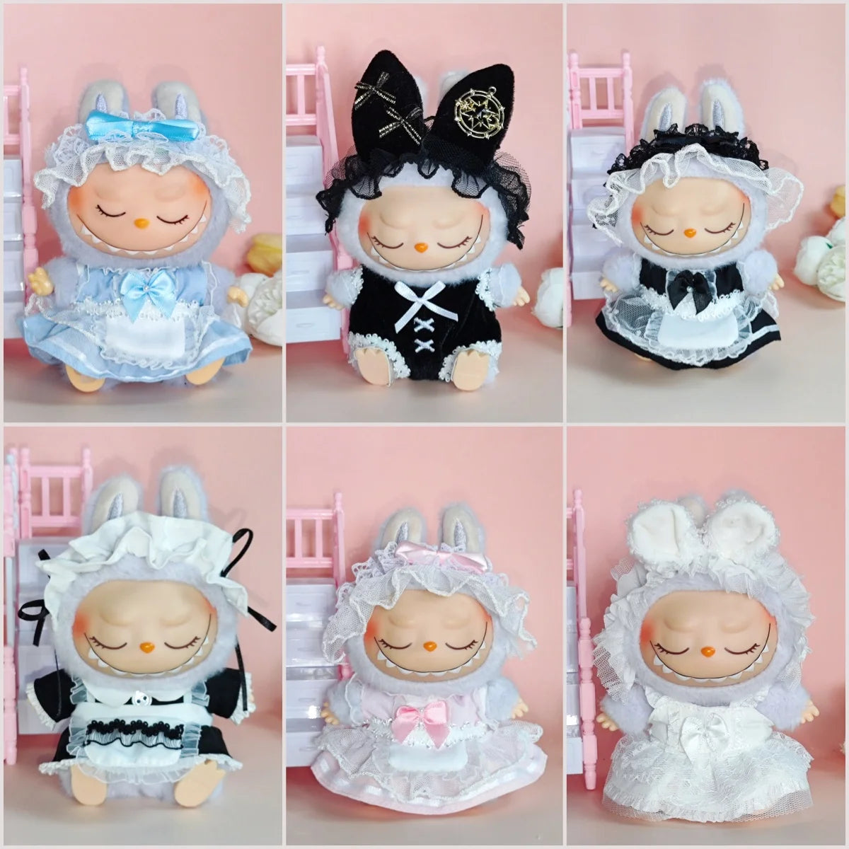 17cm Labubu Doll Keychain - Complete Maid Uniform Set with Signature Vinyl Face