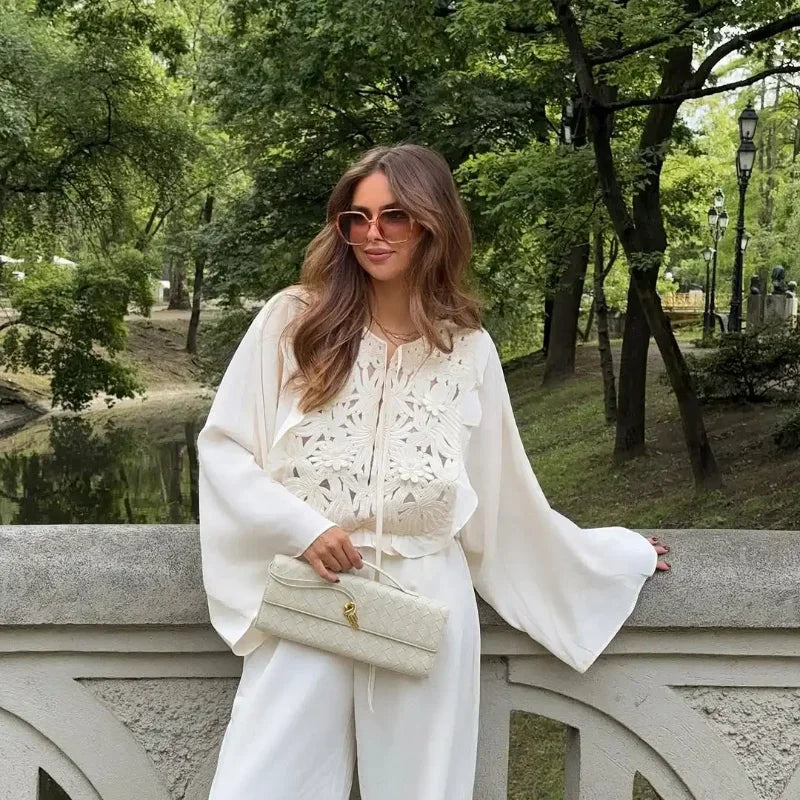 Elegant Retro Hollow Out Lace Up Mini Skirt Set Women Chic High Waist Flare Ruffle O-neck Top 2 Piece Suit Holiday Street Outfit