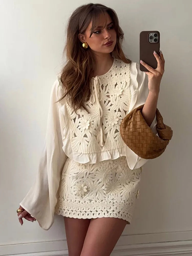Elegant Retro Hollow Out Lace Up Mini Skirt Set Women Chic High Waist Flare Ruffle O-neck Top 2 Piece Suit Holiday Street Outfit