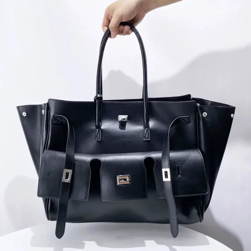 New Luxury Silver Buckle Large Capacity Wing Bag Designer Fashion Genuine Leather Tote Bag Brand Women's Commuter Shoulder Bag