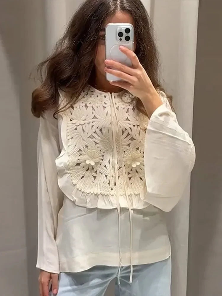 Chic Flared Sleeves O Neck Loose Lace Up Shirt Mini Skirts Elegant Floral Embroidered Skirt Set for Women Summer Lady 2 Pcs Suit