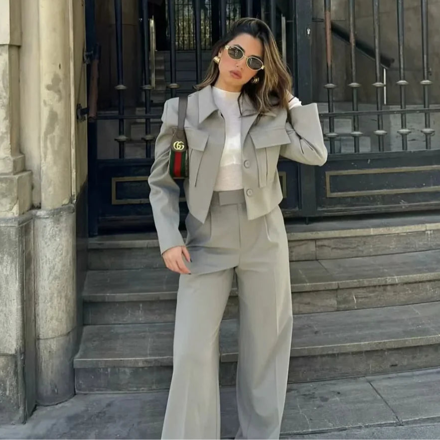 Spring Summer Casual Women Solid Suits Fashion Streetwear Pockets Turn-down Collar Short Jackets+Chic Wide leg pants