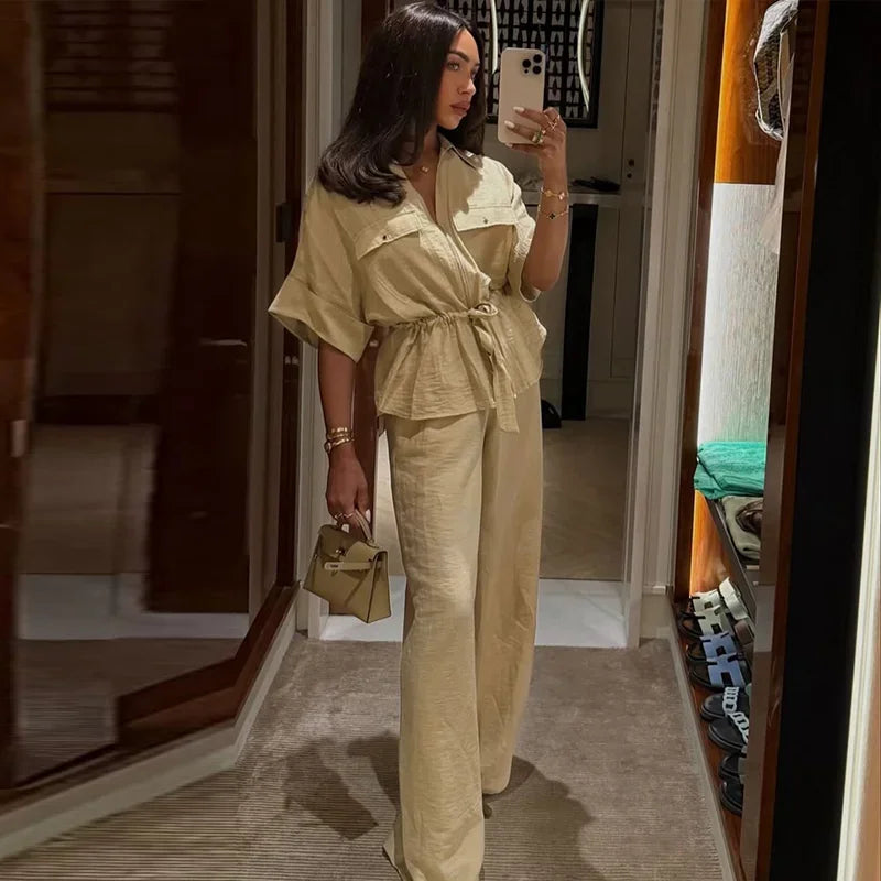 Casual Coat Pant Set Women Loose Zipper V-neck Lace Up Pleat Top Wide Leg Trousers Suit 2025 Summer Lady 2 Pieces Outfits New