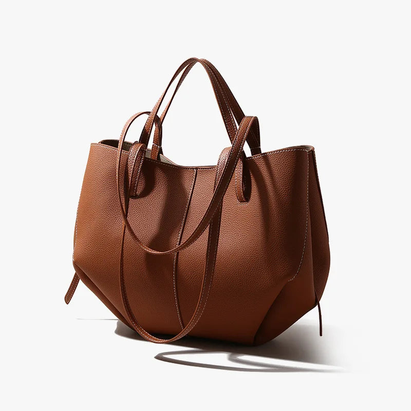 New Brand Designer Huge Capacity Travel Trapeze Tote Grey Caramel Color Full Grain Cow Leather Women Handbag with Wallet