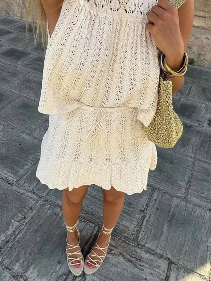 Women's Fashion Jacquard Sleeveless Top Shorts Set Elegant Skeleton Knit Top Mini Skirt Set Lace Top Pleated Mini Skirt Set