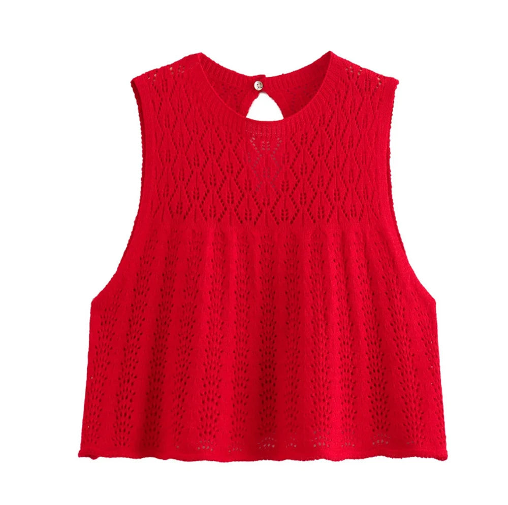Women's Fashion Jacquard Sleeveless Top Shorts Set Elegant Skeleton Knit Top Mini Skirt Set Lace Top Pleated Mini Skirt Set