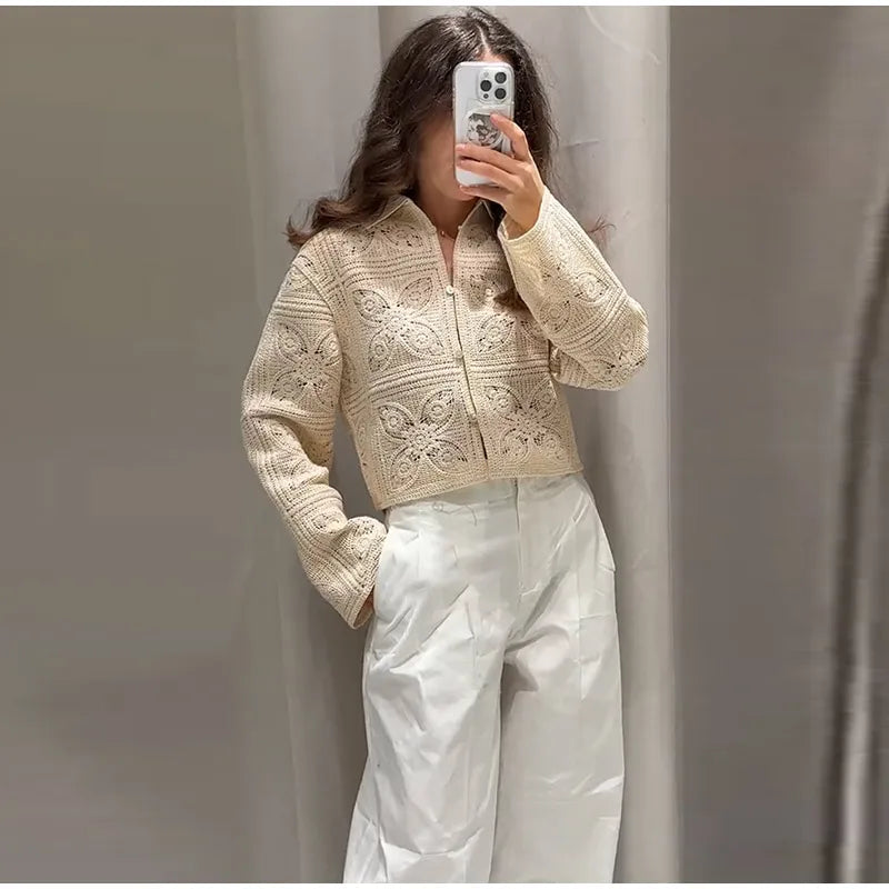 Knit Hollow Out 2 Piece Sets Woman Outfit Elegant Crochet Single-breasted Lapel Top High Waist Shorts Summer lady Suit Commuting