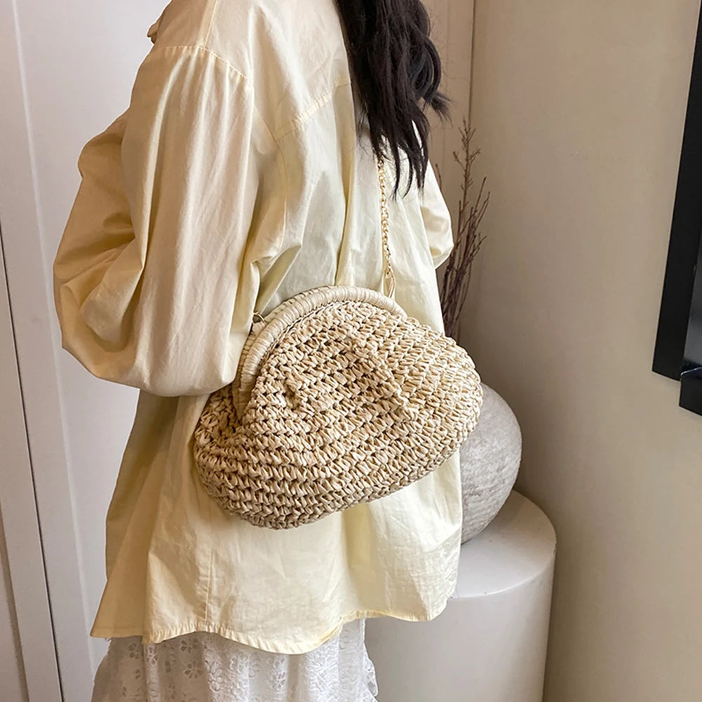 Women Straw Woven Bag Chain Strap Straw Clutch Purse Large Capacity Stylish Crossbody Bag Solid Color for Summer Beach