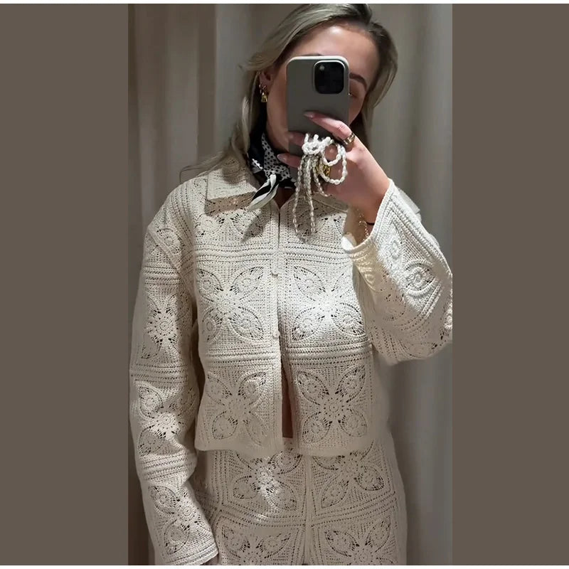 Knit Hollow Out 2 Piece Sets Woman Outfit Elegant Crochet Single-breasted Lapel Top High Waist Shorts Summer lady Suit Commuting