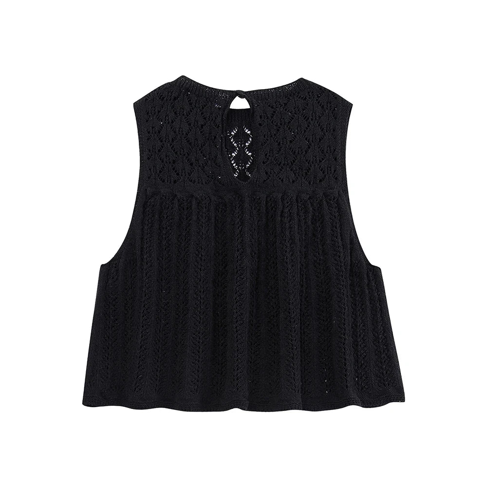 Women's Fashion Jacquard Sleeveless Top Shorts Set Elegant Skeleton Knit Top Mini Skirt Set Lace Top Pleated Mini Skirt Set