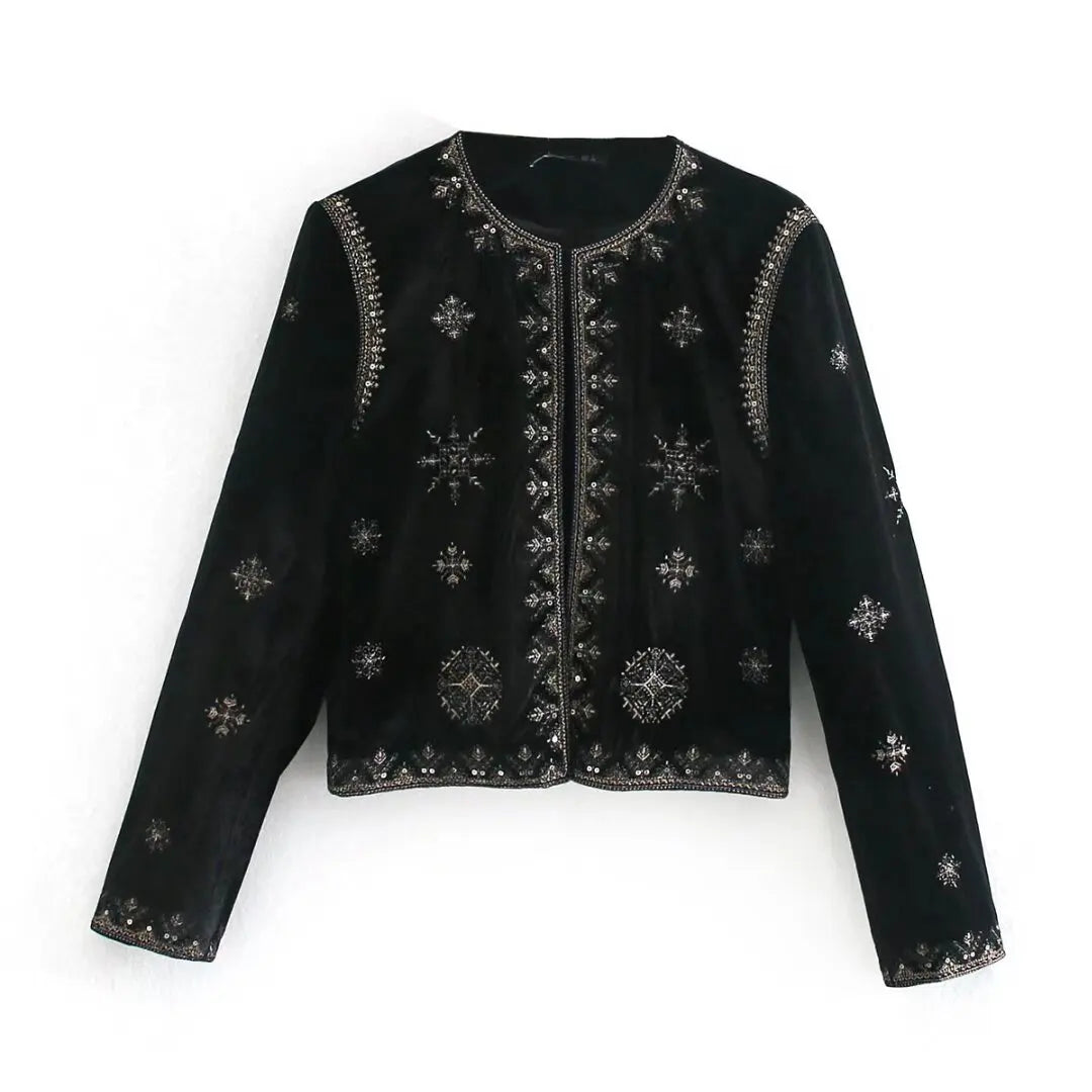 New Women's Fashion and Versatile Slim Fit Trendy Palace Embroidered Velvet Coat