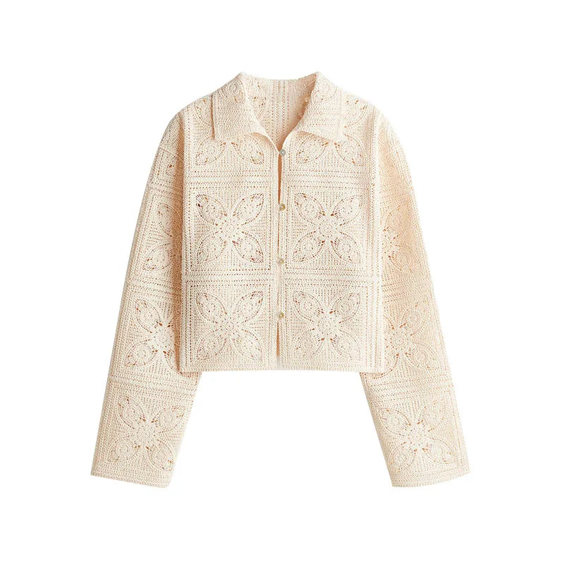 Knit Hollow Out 2 Piece Sets Woman Outfit Elegant Crochet Single-breasted Lapel Top High Waist Shorts Summer lady Suit Commuting