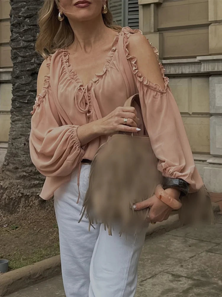 Elegant Solid Multiple Flounces Lace Up Dresses Chic Loose V Neck Full Sleeve Robes New Lady Summer Commute Vacation Gown 2025