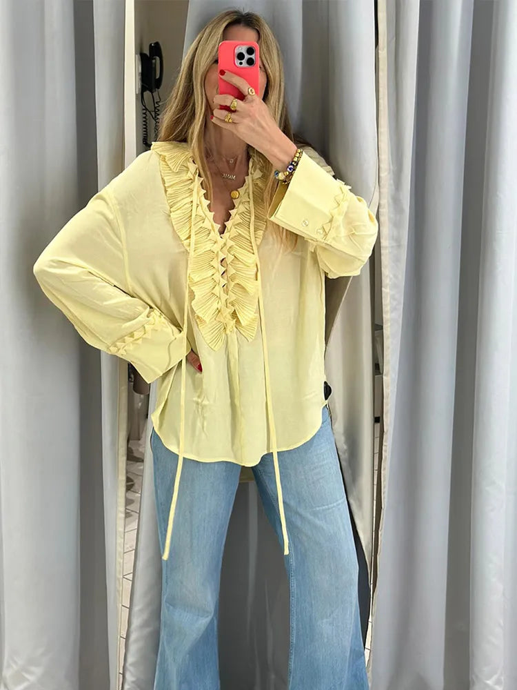 Elegant Solid Multiple Flounces Lace Up Dresses Chic Loose V Neck Full Sleeve Robes New Lady Summer Commute Vacation Gown 2025