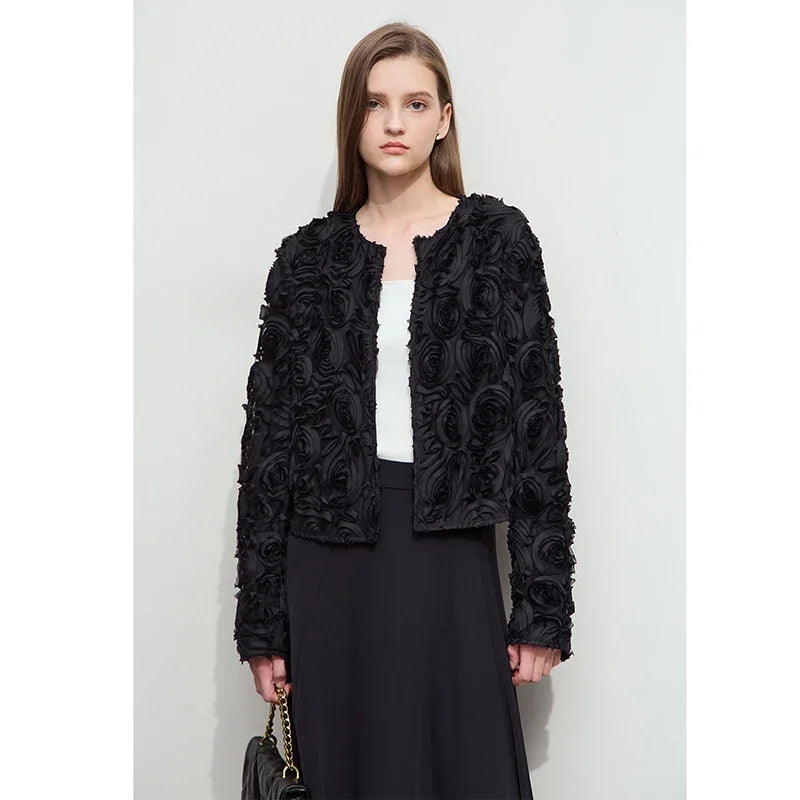AMII Minimalism Short Jacket Women 2025 Spring New Elegant Romantic Stereoscopic Flower O-Neck Hook Button Outwear Coat 12521066