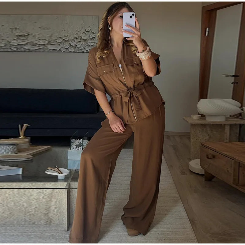 Casual Coat Pant Set Women Loose Zipper V-neck Lace Up Pleat Top Wide Leg Trousers Suit 2025 Summer Lady 2 Pieces Outfits New