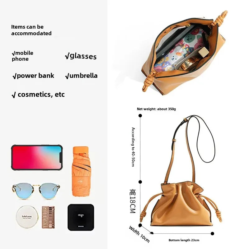 Autumn/Winter Flamenco Fashionable Classic Frogmouth Cloud Bag Genuine Cow Leather Drawstring Single Shoulder Slant Cross Small