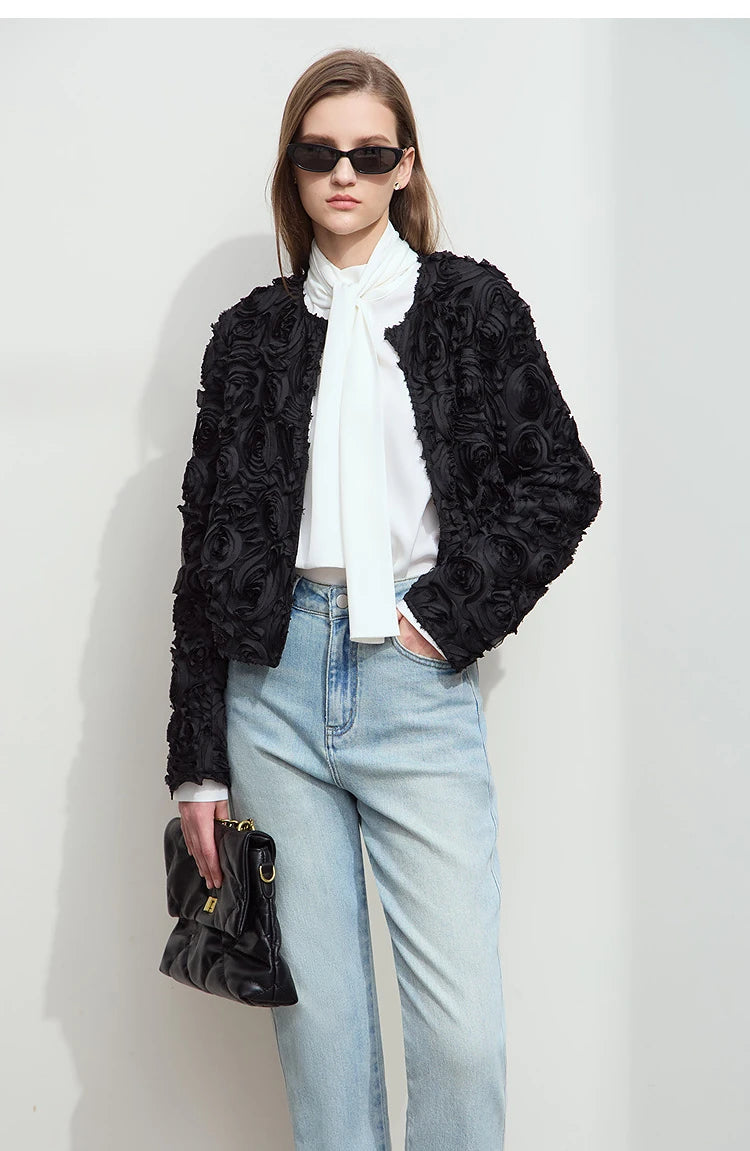 AMII Minimalism Short Jacket Women 2025 Spring New Elegant Romantic Stereoscopic Flower O-Neck Hook Button Outwear Coat 12521066
