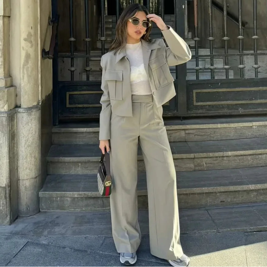 Spring Summer Casual Women Solid Suits Fashion Streetwear Pockets Turn-down Collar Short Jackets+Chic Wide leg pants