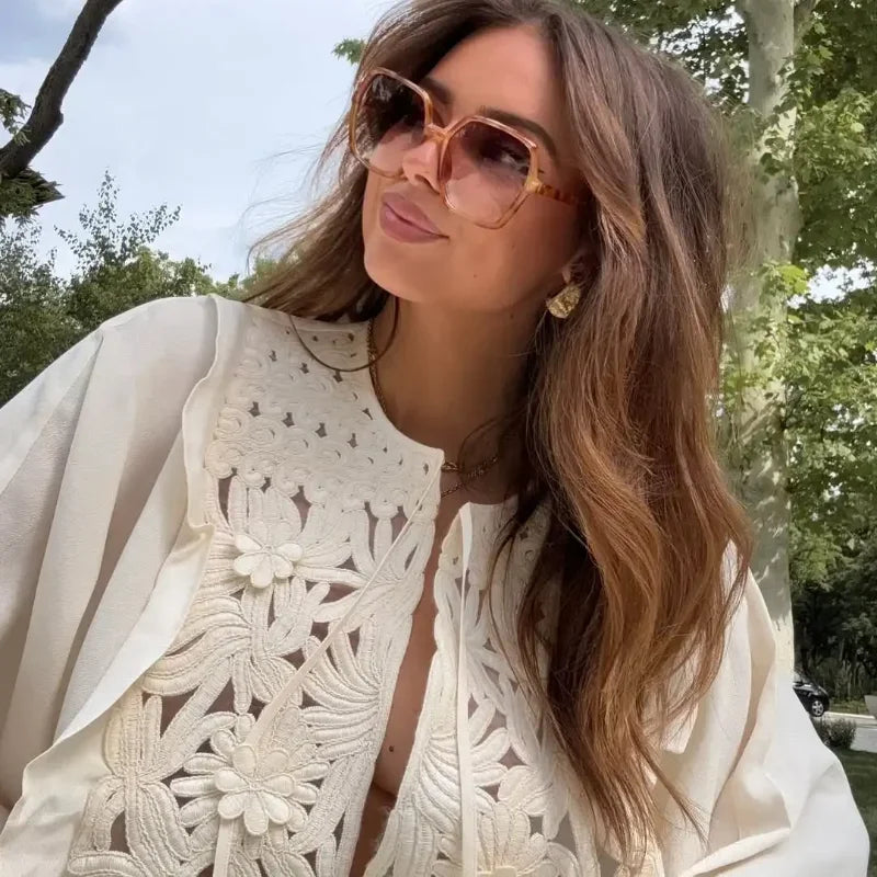 Elegant Retro Hollow Out Lace Up Mini Skirt Set Women Chic High Waist Flare Ruffle O-neck Top 2 Piece Suit Holiday Street Outfit