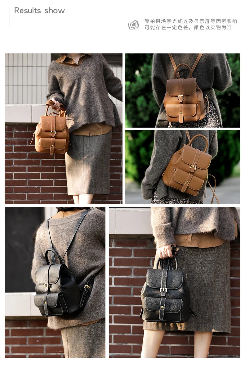 Lichi Pattern Cow Leather Fashion Casual Backpack High Quality Travel Rucksack Women Satchel Commute School Bag Cowskin Knapsack