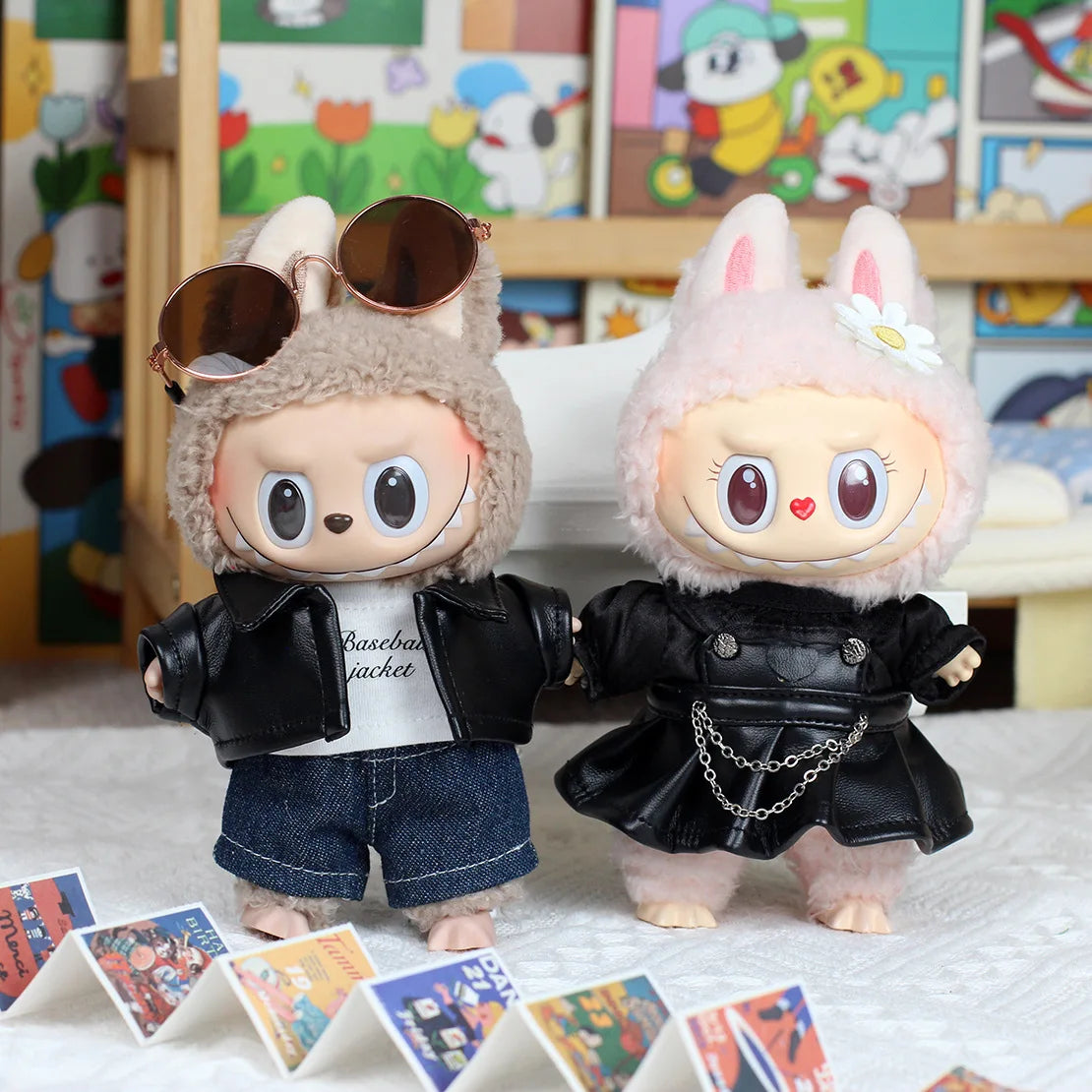 17cm Labubu Dolls Clothing Outfit Accessories Plush Doll's Clothes For Sitting Party Leather Jacket T-shirt Pants Dress EJ14B