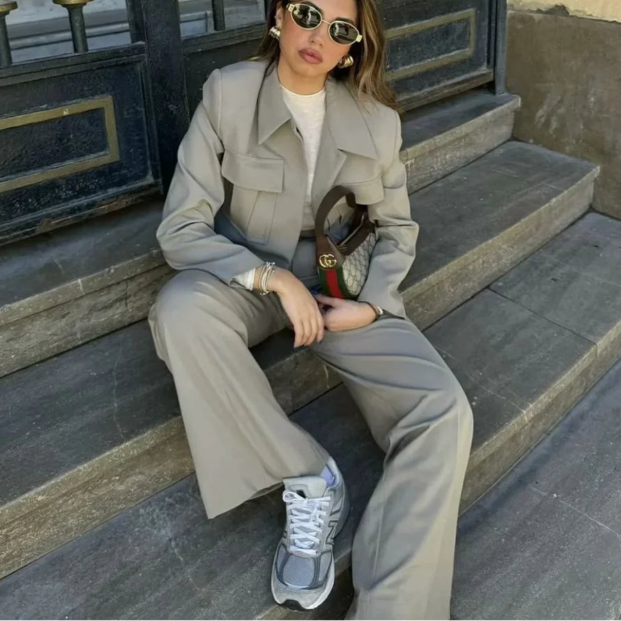 Spring Summer Casual Women Solid Suits Fashion Streetwear Pockets Turn-down Collar Short Jackets+Chic Wide leg pants
