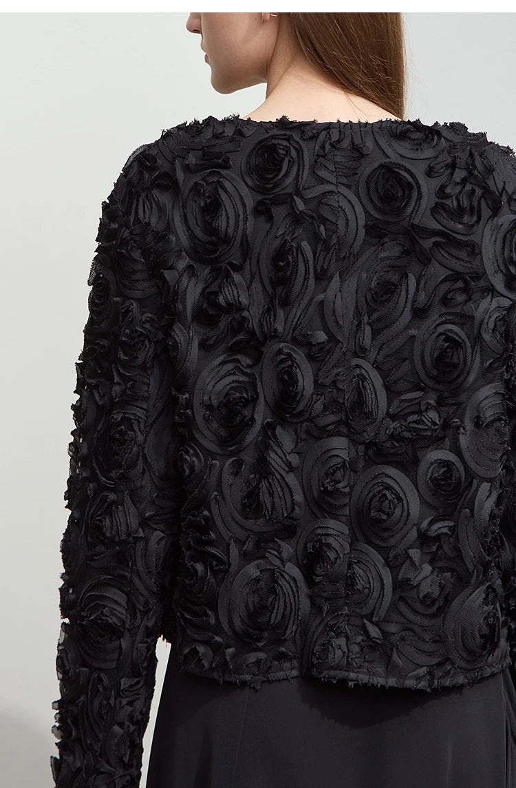 AMII Minimalism Short Jacket Women 2025 Spring New Elegant Romantic Stereoscopic Flower O-Neck Hook Button Outwear Coat 12521066