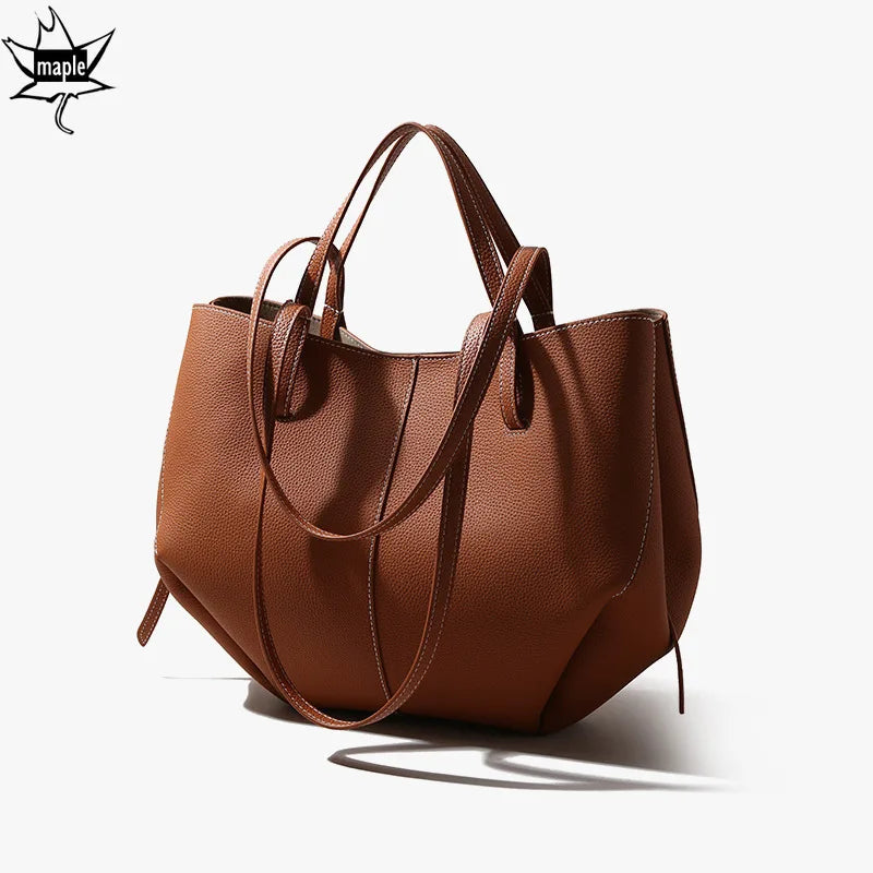 New Brand Designer Huge Capacity Travel Trapeze Tote Grey Caramel Color Full Grain Cow Leather Women Handbag with Wallet