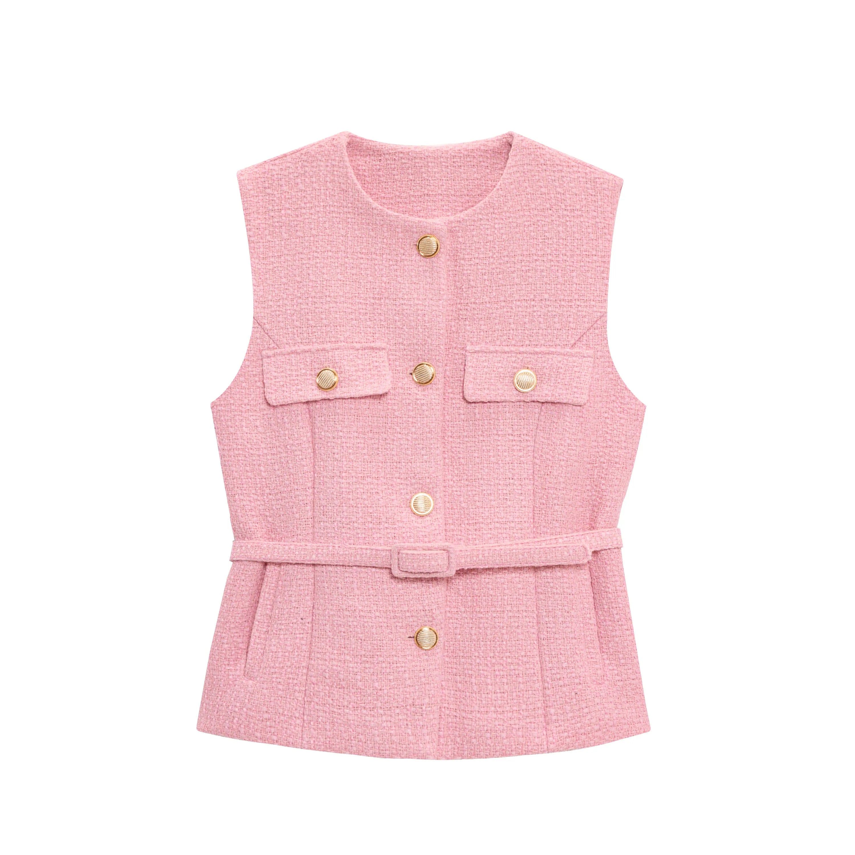 Women Fashion Tweed Belt Waistcoat O Neck Single Breasted Sleeveless Vests Spring Summer Office Lady Outerwear Chic Tops