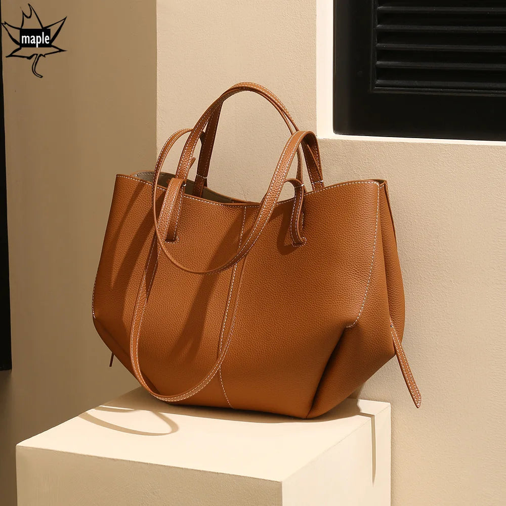 New Brand Designer Huge Capacity Travel Trapeze Tote Grey Caramel Color Full Grain Cow Leather Women Handbag with Wallet