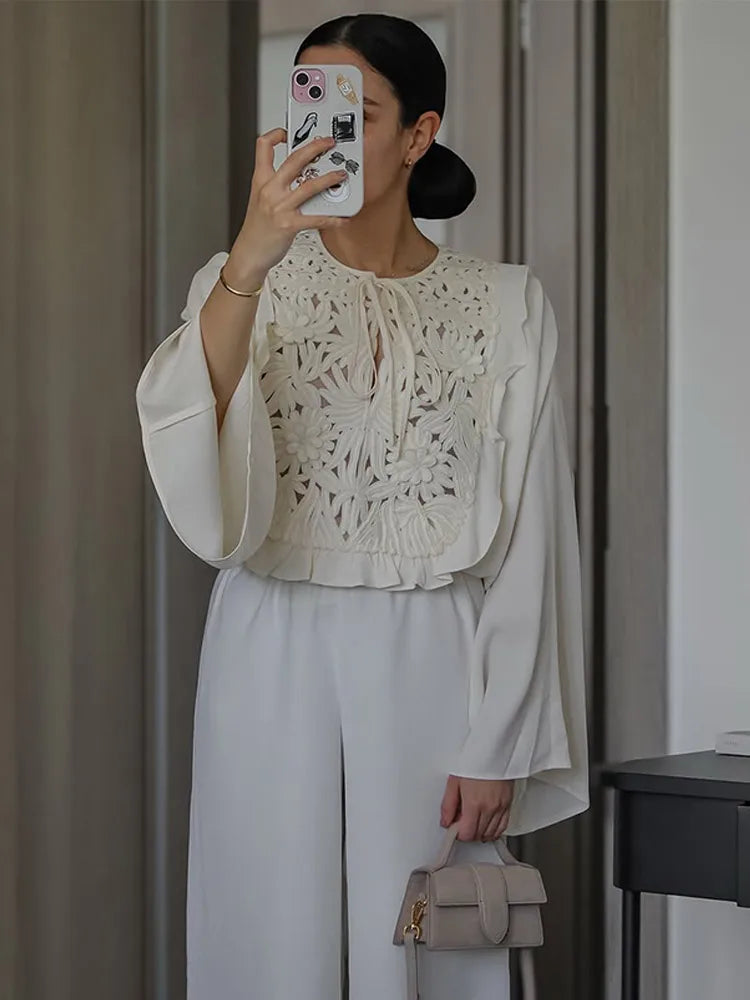 Elegant Retro Hollow Out Lace Up Mini Skirt Set Women Chic High Waist Flare Ruffle O-neck Top 2 Piece Suit Holiday Street Outfit