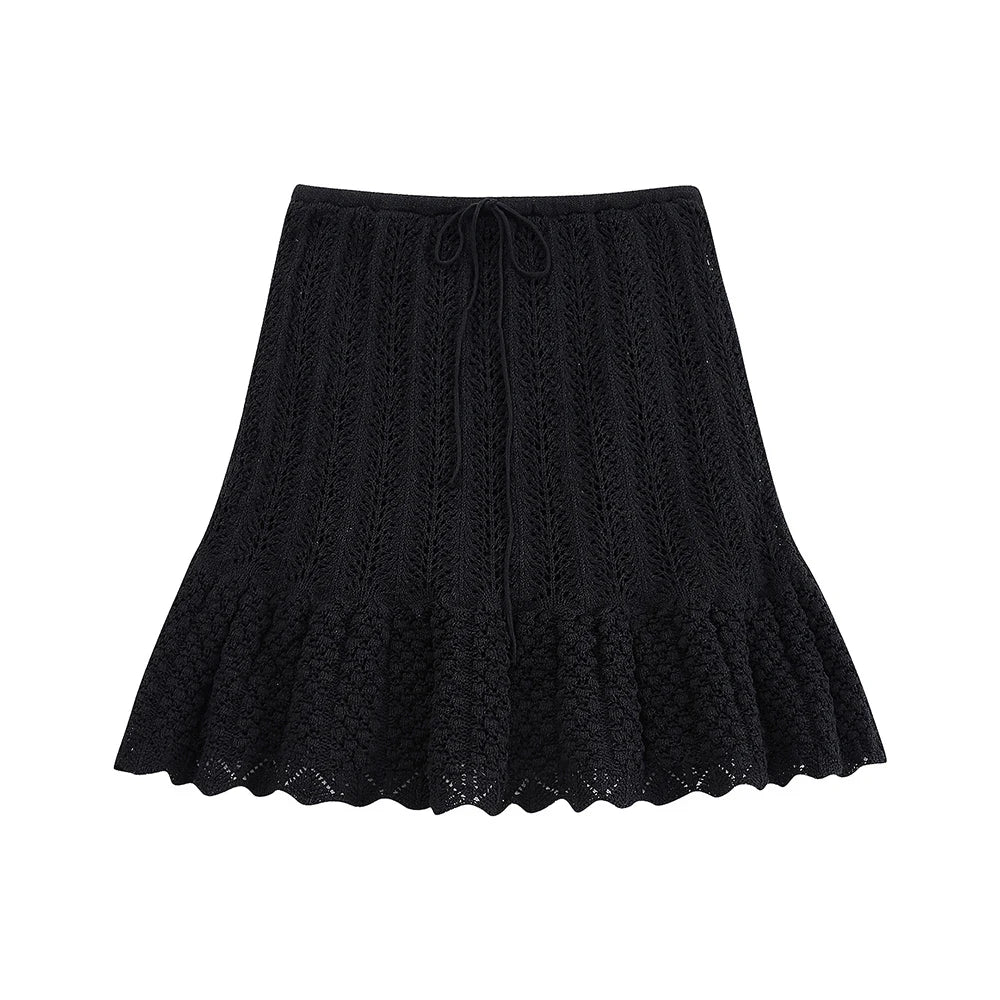 Women's Fashion Jacquard Sleeveless Top Shorts Set Elegant Skeleton Knit Top Mini Skirt Set Lace Top Pleated Mini Skirt Set