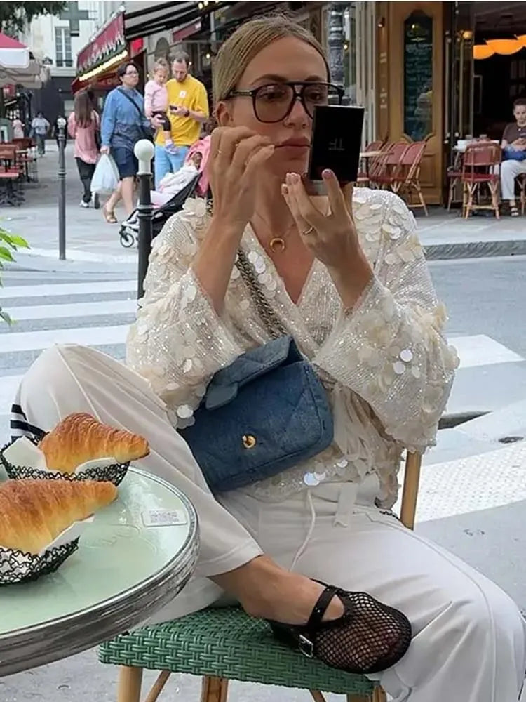New Autumn Women Sequin Kimono Jacket Coat Long Sleeve V Neck Female Casual Loose Outerwear Chic Lady Wrap Outfits