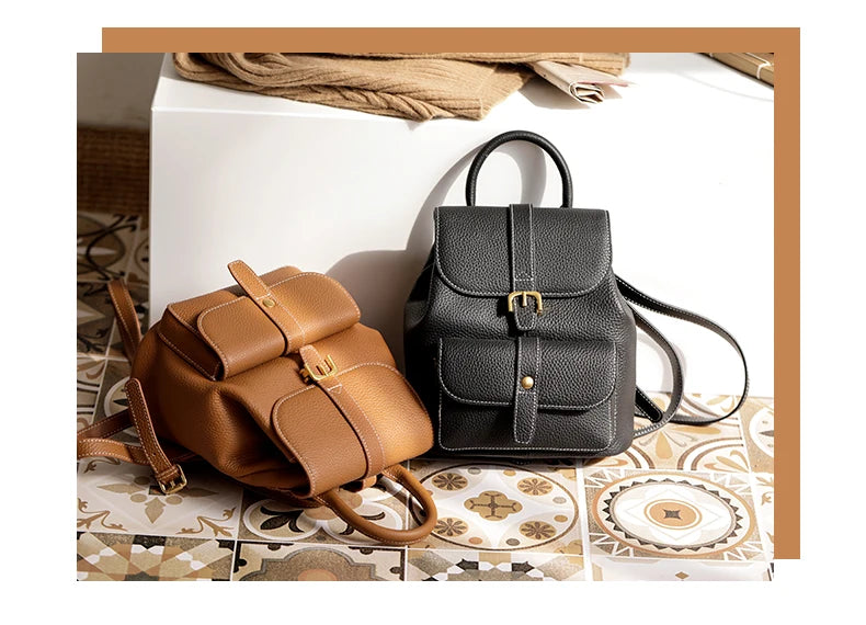 Lichi Pattern Cow Leather Fashion Casual Backpack High Quality Travel Rucksack Women Satchel Commute School Bag Cowskin Knapsack