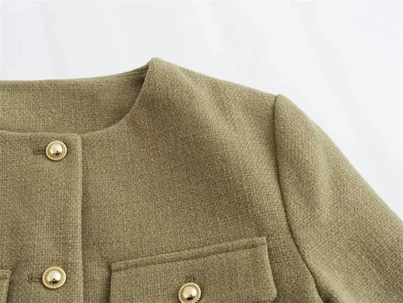 TRAF 2024 Cropped Tweed Jacket Woman Coat Button Long Sleeve Elegant Jackets For Women Short Coats Fashion New In Outerwears