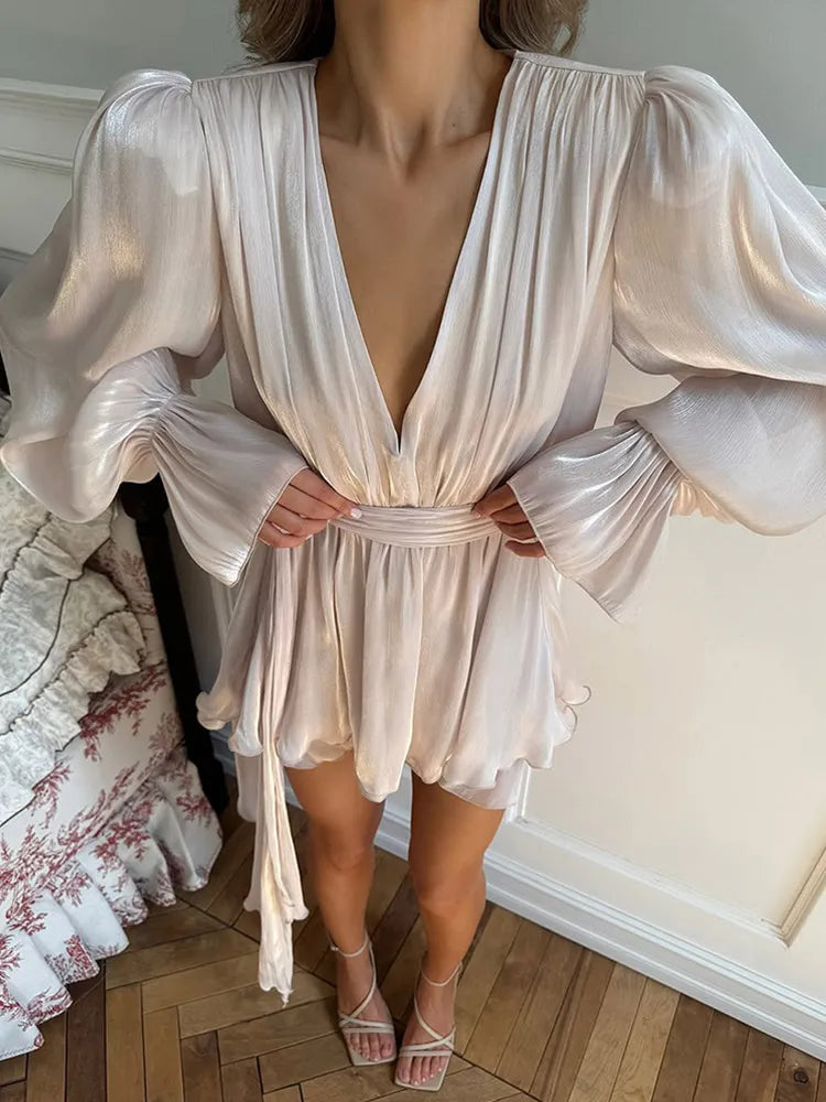Elegant Solid Multiple Flounces Lace Up Dresses Chic Loose V Neck Full Sleeve Robes New Lady Summer Commute Vacation Gown 2025