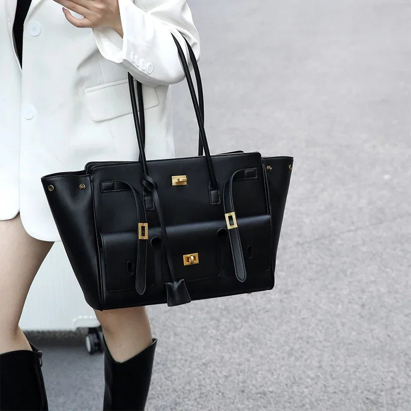 New Luxury Silver Buckle Large Capacity Wing Bag Designer Fashion Genuine Leather Tote Bag Brand Women's Commuter Shoulder Bag