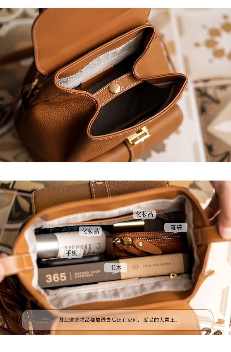 Lichi Pattern Cow Leather Fashion Casual Backpack High Quality Travel Rucksack Women Satchel Commute School Bag Cowskin Knapsack