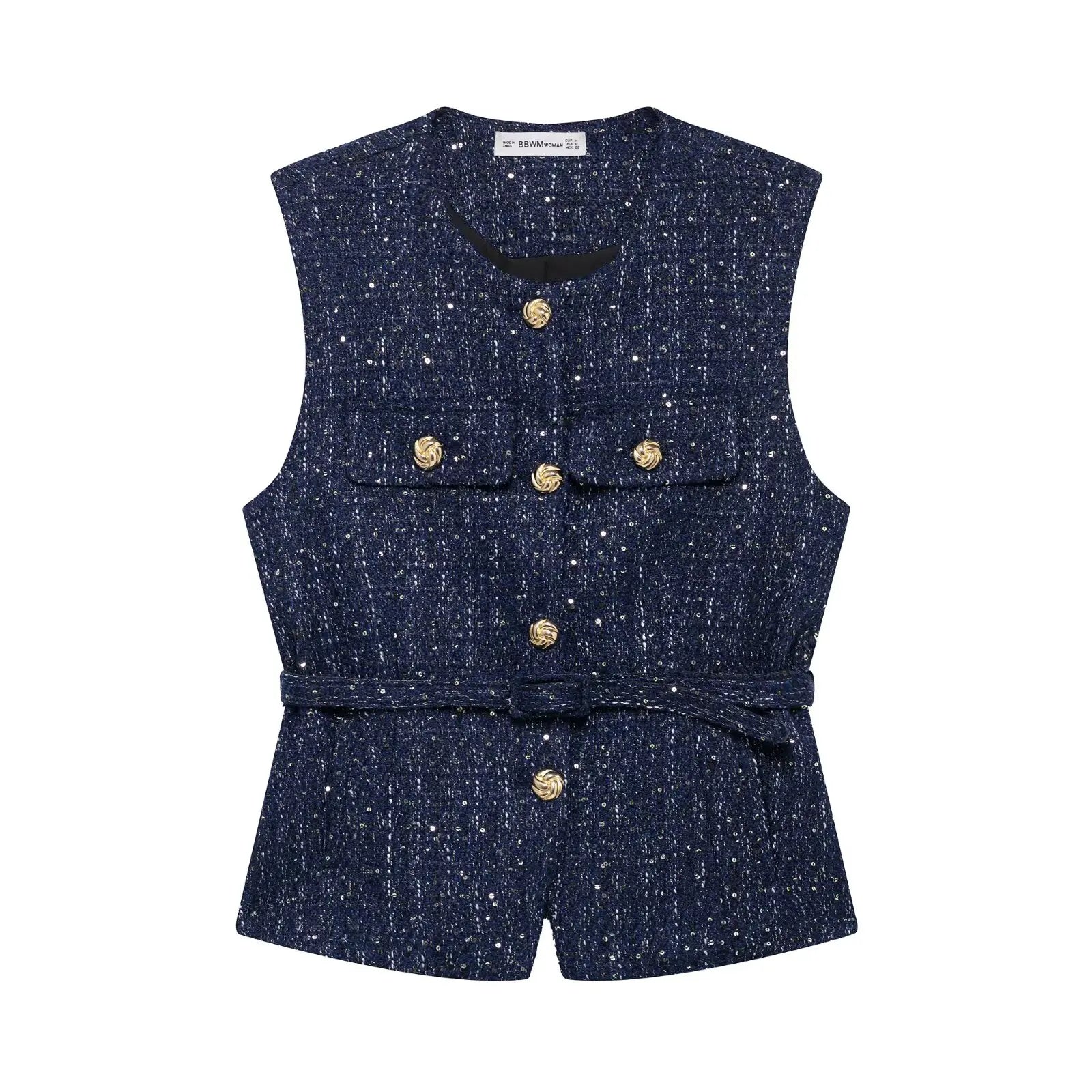 Women Fashion Tweed Belt Waistcoat O Neck Single Breasted Sleeveless Vests Spring Summer Office Lady Outerwear Chic Tops