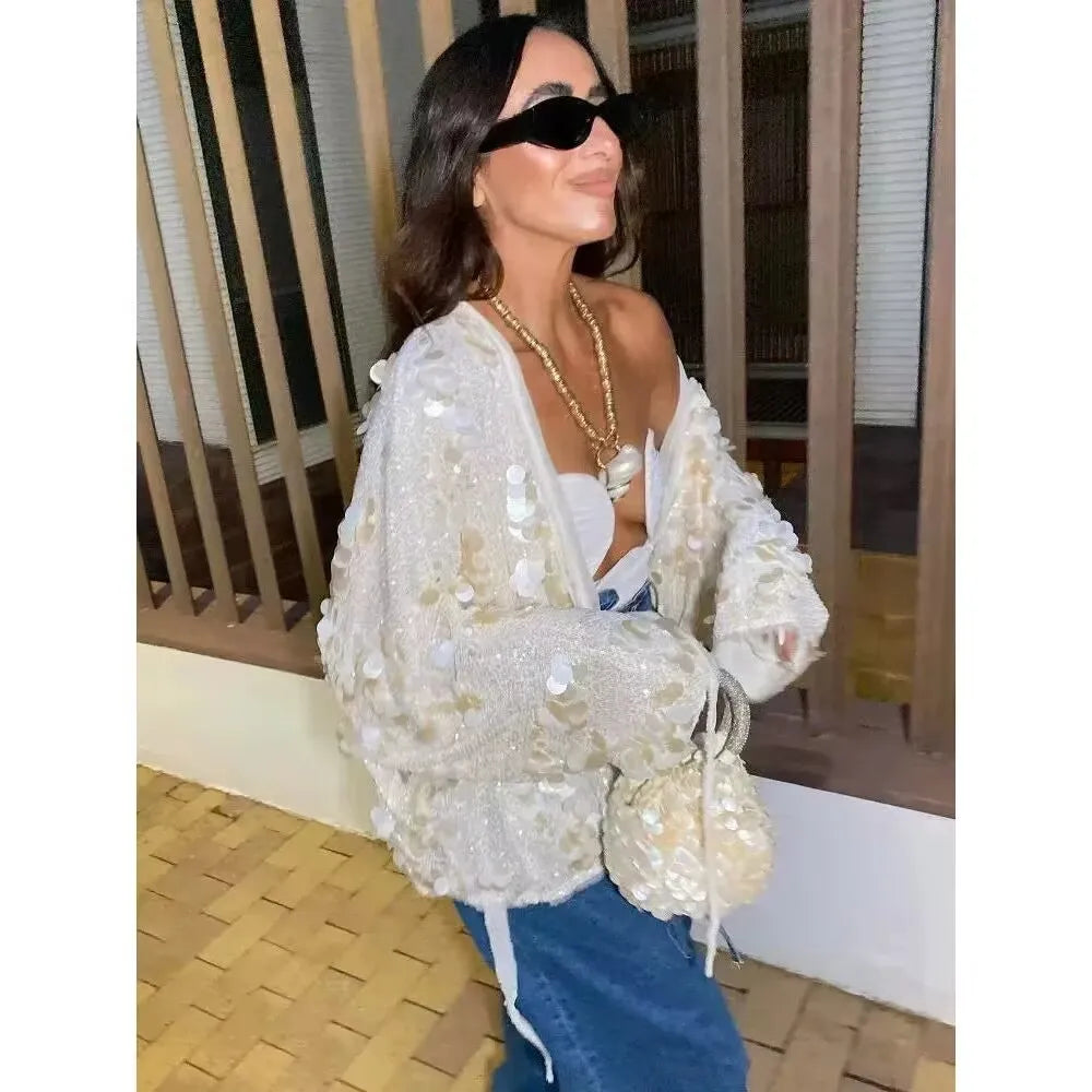 New Autumn Women Sequin Kimono Jacket Coat Long Sleeve V Neck Female Casual Loose Outerwear Chic Lady Wrap Outfits